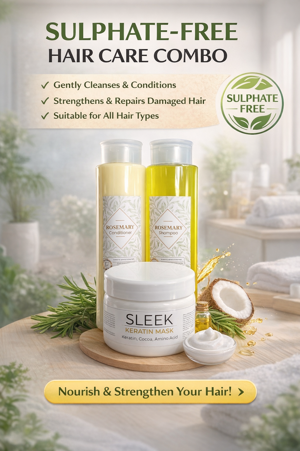 ROSEMARY SHAMPOO & CONDITIONER AND SLEEK KERATIN MASK COMBO