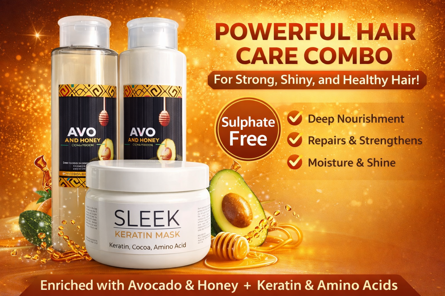 AVO AND HONEY SHAMPOO & CONDITIONER + SLEEK KERATIN MASK