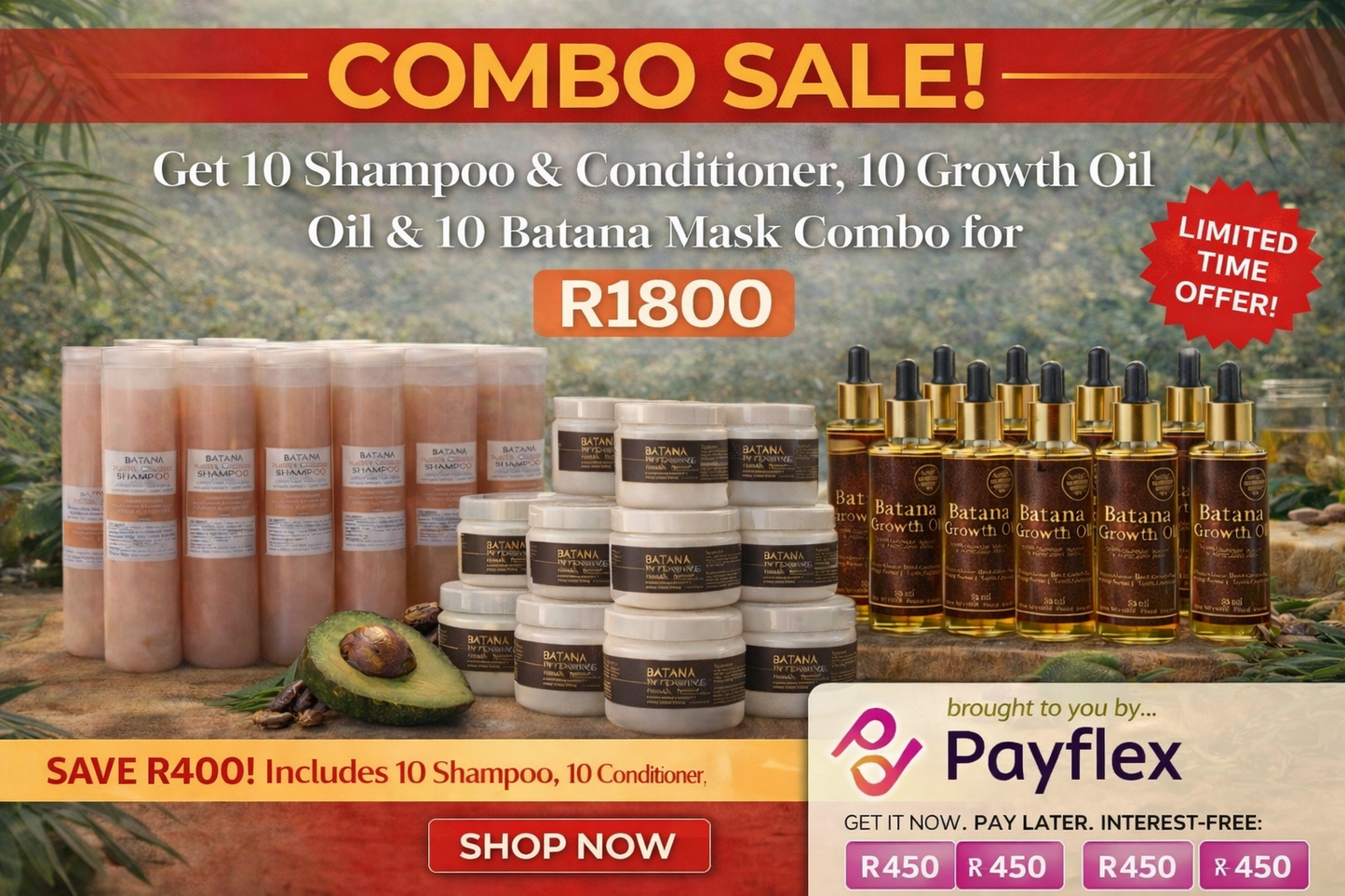 Batana Hair Growth Combo Pack – 10 Shampoo, 10 Conditioner, 10 Growth Oil & 10 Batana Mask | Save R400